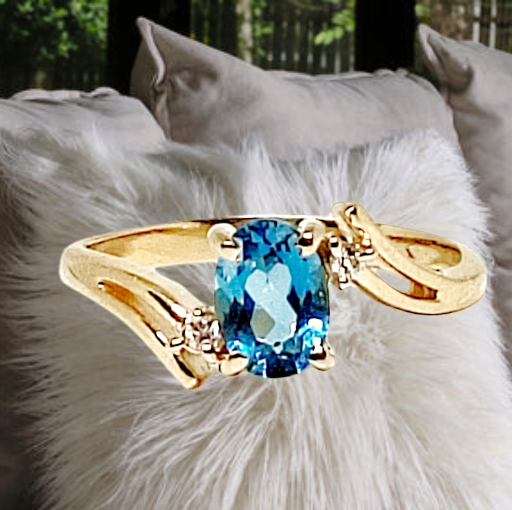 Solid 14k Gold Emerald Cut Blue Topaz Ring with Round Cut Diamonds